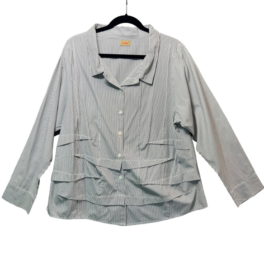 Tulip Striped Button Front‎ Shirt Top L Black White Tiered Pockets Long Sleeve